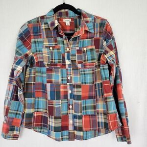 LL Bean Women's Patchwork Plaid Shirt Button Up Long Sleeve‎ Top Size XS Petite